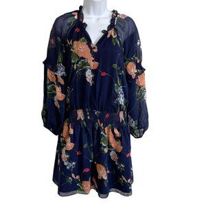Club Monaco Abbygail Silk Floral Bohemian Dress Navy Blue Long Sleeve Size 6